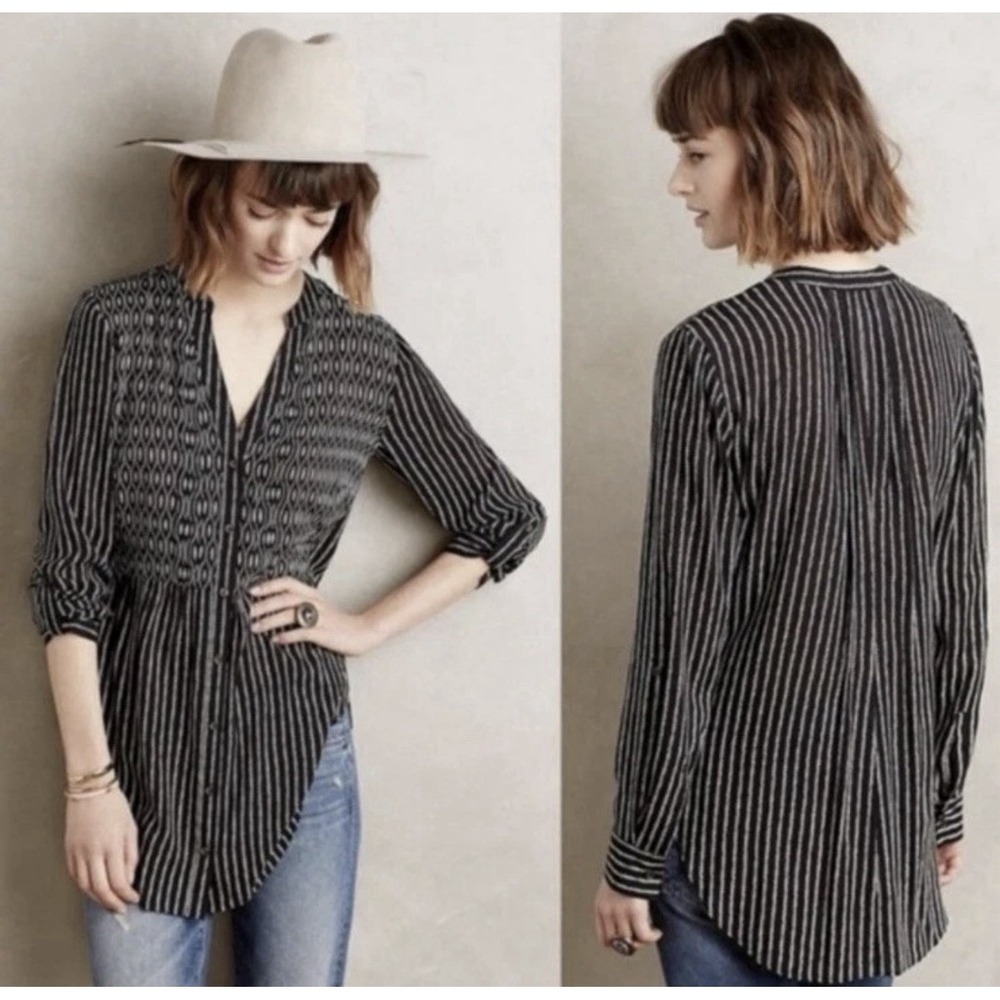 Anthropologie Maeve Size-8 Tunic Top Calia Black Geometric Stripe Buttondown